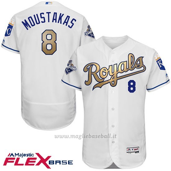Maglia Baseball Uomo Kansas City Royals Mike Moustakas World Series Campione Or Program Bianco Flex Base